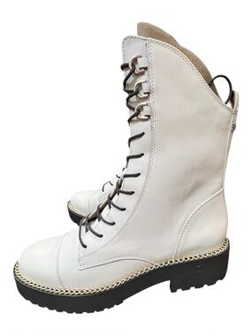 Sam Edelman Lenley Ivory Leather Gold Chain Combat Boots Size 8 NIB